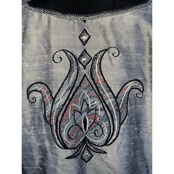 Stephanie Thomas Jacket Womens Large Silver Silk Embroidered Open Front Boho - Picture 6 of 13